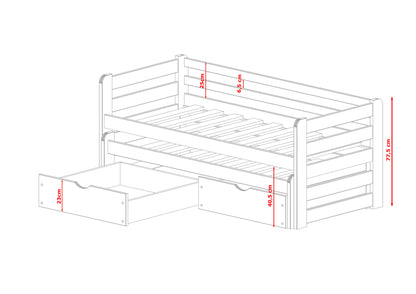 Lit simple 90x200 cm avec lit gigogne 90x190 cm avec deux matelas (en option) et deux tiroirs, protection antichute et sommier à lattes, bois massif blanc, lit enfant lit fonctionnel