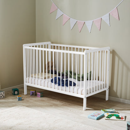 Babybett mit Schublade (optional) Kinderbett Gitterbett 60x120 höhenverstellbar & herausnehmbare Sprossen mit Matratze (optional) | weiss sehr stabil Made in Europe