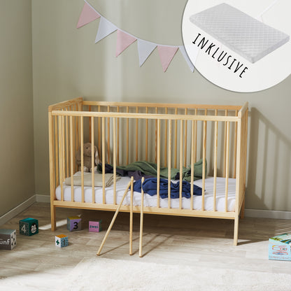 Babybett mit Schublade (optional) Kinderbett Gitterbett 60x120 höhenverstellbar & herausnehmbare Sprossen mit Matratze (optional) | weiss sehr stabil Made in Europe