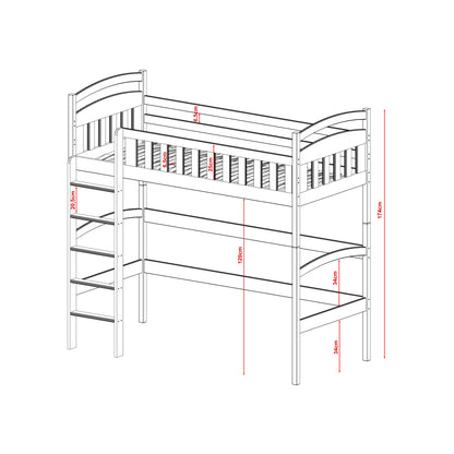 Lit mezzanine 80x180 | 90x200 cm avec matelas (en option), sommier à lattes et protection antichute, en bois massif blanc, lit d'adolescent fonctionnel