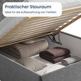 Polsterbett Bett Doppelbett mit Bettkasten Lattenrost Kopfteil 98 cm | Glanz-Velours Bezug | verstellbarer Lattenrost | Made in Germany