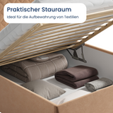 Polsterbett Bett Doppelbett mit Bettkasten Lattenrost Kopfteil 98 cm | Glanz-Velours Bezug | verstellbarer Lattenrost | Made in Germany