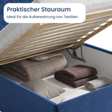 Polsterbett Bett Doppelbett mit Bettkasten Lattenrost Kopfteil 98 cm | Glanz-Velours Bezug | verstellbarer Lattenrost | Made in Germany