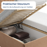 Polsterbett Bett Doppelbett mit Bettkasten Lattenrost Kopfteil 98 cm | Glanz-Velours Bezug | verstellbarer Lattenrost | Made in Germany