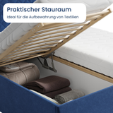 Polsterbett Bett Doppelbett mit Bettkasten Lattenrost Kopfteil 98 cm | Glanz-Velours Bezug | verstellbarer Lattenrost | Made in Germany