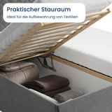 Polsterbett Bett Doppelbett mit Bettkasten Lattenrost Kopfteil 98 cm | Glanz-Velours Bezug | verstellbarer Lattenrost | Made in Germany