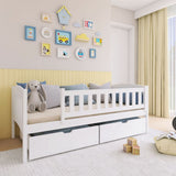 Lit enfant lit simple 90x200 cm avec matelas (en option), deux tiroirs, protection antichute, sommier à lattes, en bois massif massif, lit fonctionnel lit d'adolescent en blanc