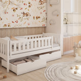 Lit enfant lit simple 90x200 cm avec matelas (en option), deux tiroirs, protection antichute, sommier à lattes, en bois massif massif, lit fonctionnel lit d'adolescent en blanc