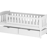 Lit enfant lit simple 90x200 cm avec matelas (en option), deux tiroirs, protection antichute, sommier à lattes, en bois massif massif, lit fonctionnel lit d'adolescent en blanc