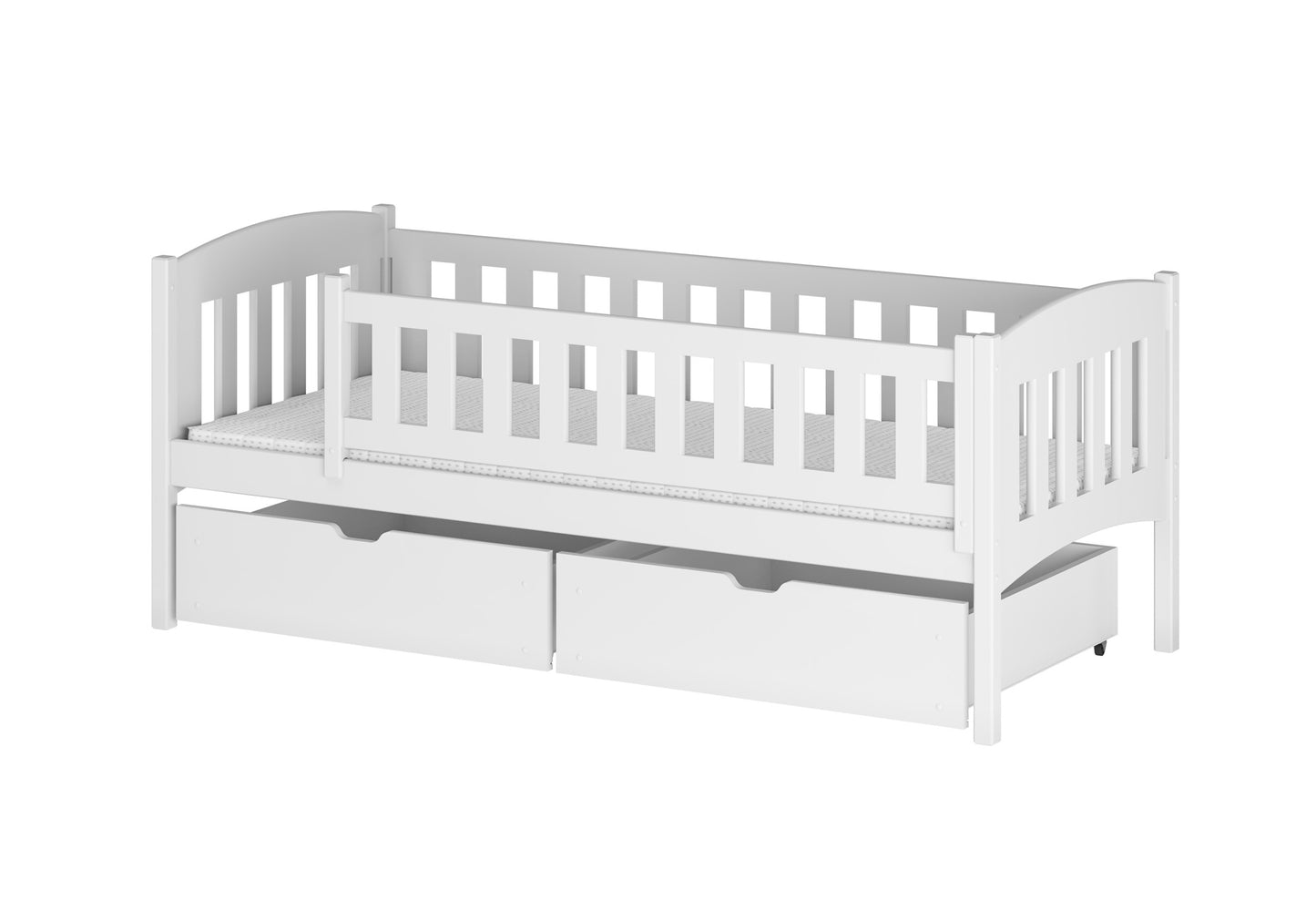 Lit enfant lit simple 90x200 cm avec matelas (en option), deux tiroirs, protection antichute, sommier à lattes, en bois massif massif, lit fonctionnel lit d'adolescent en blanc