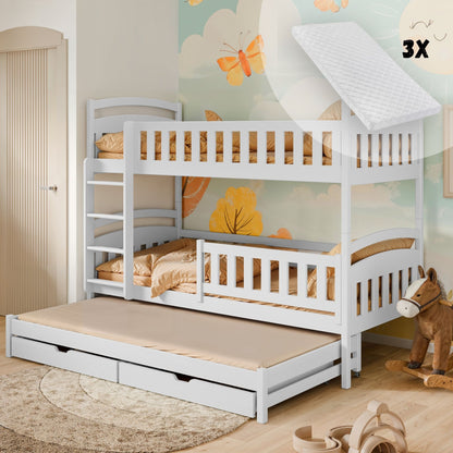 Hochbett 90x200 Etagenbett Kinderbett Jugendbett Stockbett 3 Kinder, zwei Schubladen & Rausfallschutz Kinder Bett umbaubar in 3 Einzelbetten | von 4. bis 18. Lebensjahr | inkl. Lattenrosten