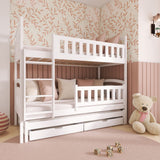 Hochbett 90x200 Etagenbett Kinderbett Jugendbett Stockbett 3 Kinder, zwei Schubladen & Rausfallschutz Kinder Bett umbaubar in 3 Einzelbetten | von 4. bis 16. Lebensjahr | inkl. Lattenrosten