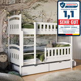 Hochbett 90x200 cm Etagenbett mit zwei Schubladen, Lattenrost, Rausfallschutz, umbaubar in zwei Einzelbetten, aus Vollholz massiv, Funktionsbett