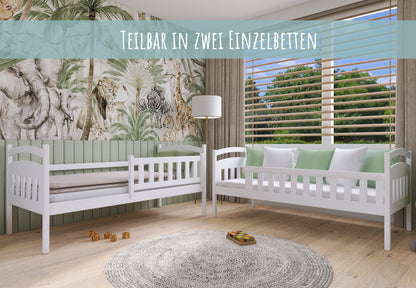 Hochbett 90x200 cm Etagenbett mit zwei Schubladen, Lattenrost, Rausfallschutz, umbaubar in zwei Einzelbetten, aus Vollholz massiv, Funktionsbett