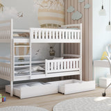 Hochbett 90x200 cm Etagenbett mit zwei Schubladen, Lattenrost, Rausfallschutz, umbaubar in zwei Einzelbetten, aus Vollholz massiv, Funktionsbett