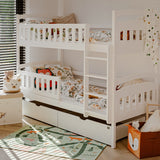 Hochbett 90x200 cm Etagenbett mit zwei Schubladen, Lattenrost, Rausfallschutz, umbaubar in zwei Einzelbetten, aus Vollholz massiv, Funktionsbett