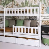 Hochbett 90x200 cm Etagenbett mit zwei Schubladen, Lattenrost, Rausfallschutz, umbaubar in zwei Einzelbetten, aus Vollholz massiv, Funktionsbett