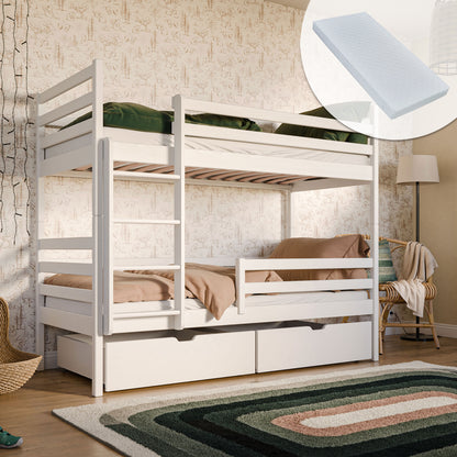 Lit mezzanine 90x200 cm avec 2 matelas (en option) et 2 tiroirs (en option) Lit superposé avec protection antichute et sommier à lattes, transformable en deux lits enfant, en bois massif blanc, lit fonctionnel