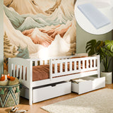 Lit enfant lit simple 90x200 cm avec matelas (en option), deux tiroirs, protection antichute, sommier à lattes, en bois massif massif, lit fonctionnel lit d'adolescent en blanc