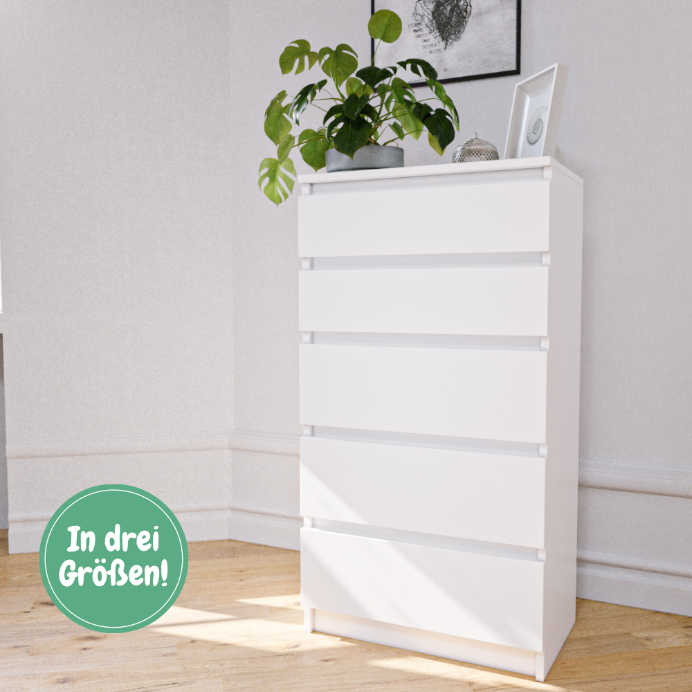 Kommode weiß mit drei, vier oder fünf Schubladen, Schlafzimmer Flur kleiner Nachttisch, Schrank, Sideboard, Highboard, Breite 60 cm