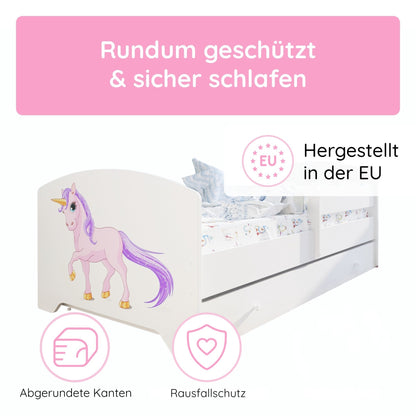 Kids Collective Kinderbett 70x140 / 80x160 Komplett Set inkl. Matratze, Lattenrost, Schublade & Rausfallschutz | Einzelbett für Kinder von 2 – 10 Jahren | weiß mit wählbarem Motiv