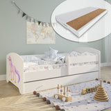 Lit enfant 70x140 | 80x160 cm avec matelas et tiroir, protection antichute &amp; sommier à lattes en blanc et avec motifs (pompiers, police, princesse, dinosaure...) pour garçons et filles