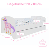 Lit enfant 70x140 | 80x160 cm avec matelas et tiroir, protection antichute &amp; sommier à lattes en blanc et avec motifs (pompiers, police, princesse, dinosaure...) pour garçons et filles