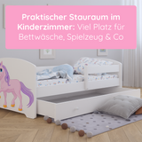 Lit enfant 70x140 | 80x160 cm avec matelas et tiroir, protection antichute &amp; sommier à lattes en blanc et avec motifs (pompiers, police, princesse, dinosaure...) pour garçons et filles