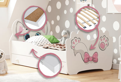 Lit enfant lit jeune 70x140 | 80x160 cm avec matelas, tiroir et sommier à lattes, motif chat en bois MDF Fabriqué en Europe