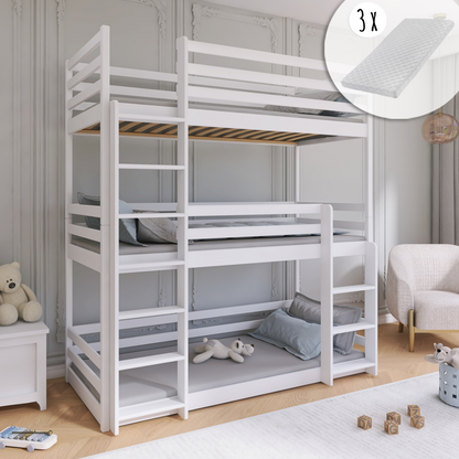 Lit mezzanine 90x200 lit superposé triple pour adultes et enfants avec trois matelas (en option), lit superposé pour trois personnes avec 3x sommiers à lattes, protection antichute, bois massif blanc