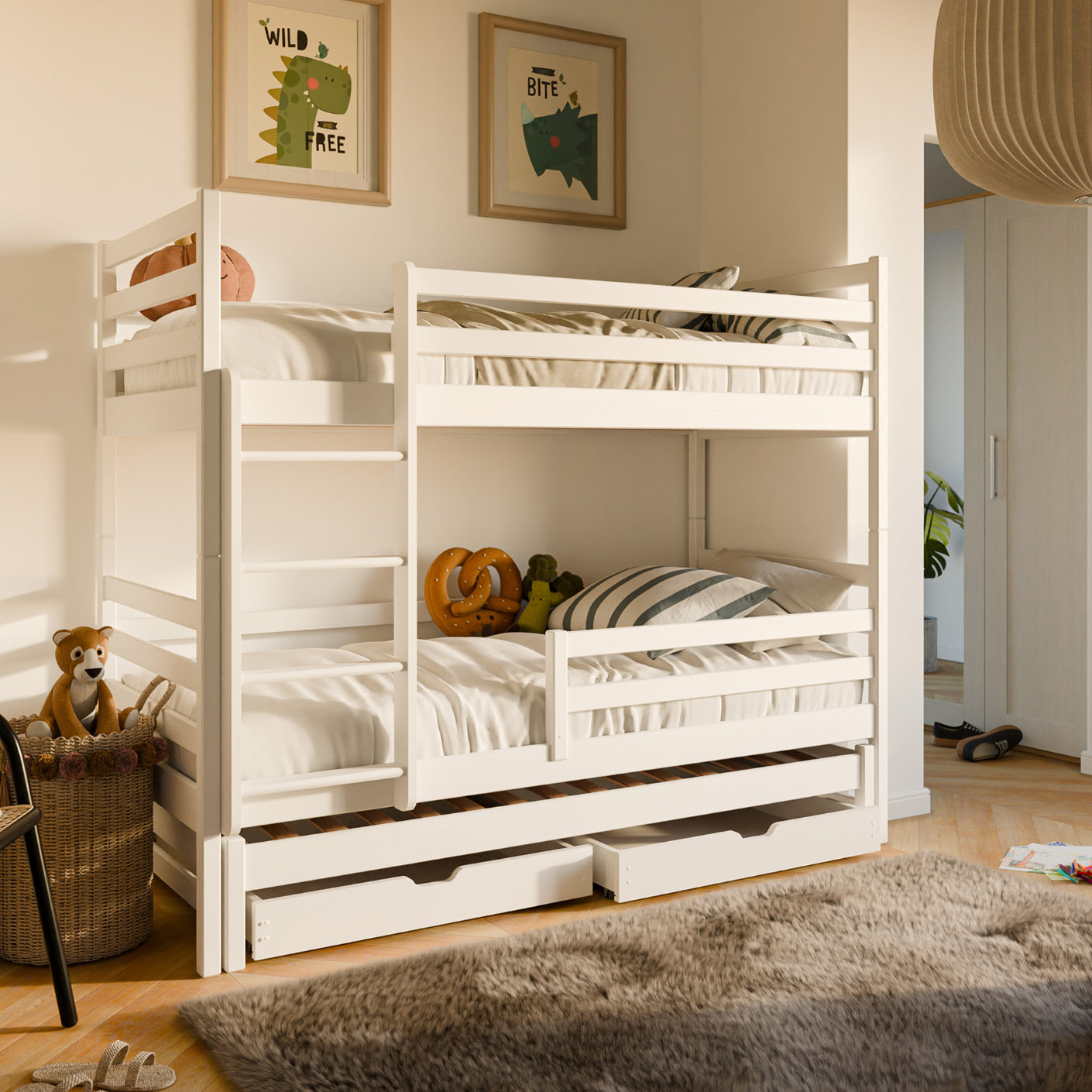 Lit mezzanine 90x200 avec lit gigogne et trois matelas (en option) Lit superposé avec fonction gigogne, deux tiroirs, sommier à lattes, protection antichute, transformable en trois lits simples, bois massif blanc