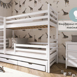 Hochbett 90x200 mit Ausziehbett und drei Matratzen (optional) Etagenbett mit Ausziehfunktion, zwei Schubladen, Lattenrost, Rausfallschutz, umbaubar in drei Einzelbetten, Vollholz massiv in weiss