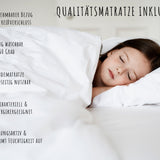 Hochbett 90x200 mit Ausziehbett und drei Matratzen (optional) Etagenbett mit Ausziehfunktion, zwei Schubladen, Lattenrost, Rausfallschutz, umbaubar in drei Einzelbetten, Vollholz massiv in weiss