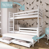 Hochbett 90x200 mit Ausziehbett und drei Matratzen (optional) Etagenbett mit Ausziehfunktion, zwei Schubladen, Lattenrost, Rausfallschutz, umbaubar in drei Einzelbetten, Vollholz massiv in weiss