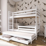 Hochbett 90x200 mit Ausziehbett und drei Matratzen (optional) Etagenbett mit Ausziehfunktion, zwei Schubladen, Lattenrost, Rausfallschutz, umbaubar in drei Einzelbetten, Vollholz massiv in weiss