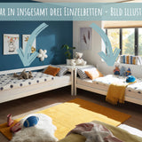 Hochbett 90x200 mit Ausziehbett und drei Matratzen (optional) Etagenbett mit Ausziehfunktion, zwei Schubladen, Lattenrost, Rausfallschutz, umbaubar in drei Einzelbetten, Vollholz massiv in weiss