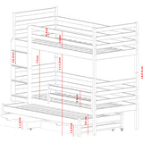 Hochbett 90x200 mit Ausziehbett und drei Matratzen (optional) Etagenbett mit Ausziehfunktion, zwei Schubladen, Lattenrost, Rausfallschutz, umbaubar in drei Einzelbetten, Vollholz massiv in weiss
