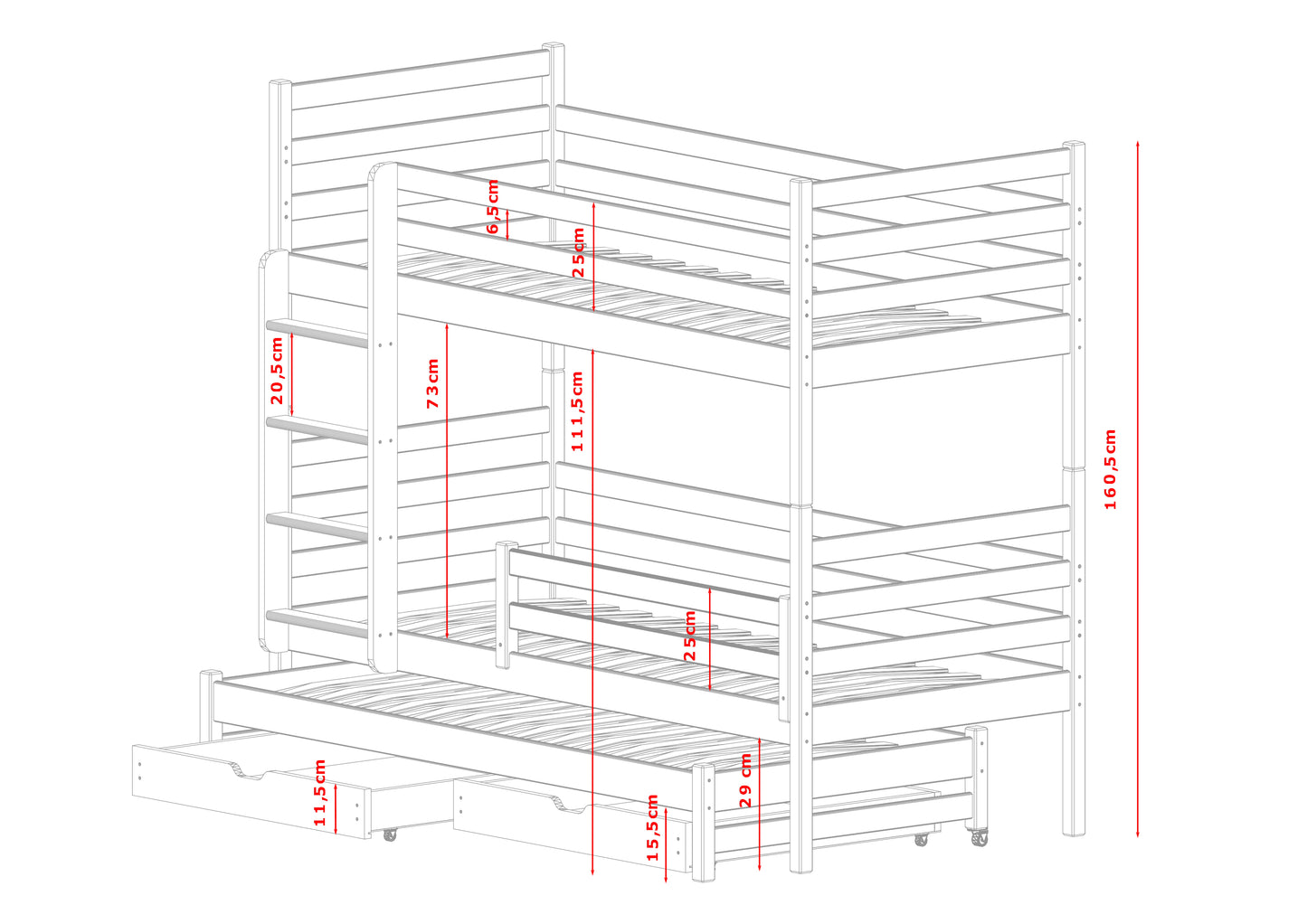 Lit mezzanine 90x200 avec lit gigogne et trois matelas (en option) Lit superposé avec fonction gigogne, deux tiroirs, sommier à lattes, protection antichute, transformable en trois lits simples, bois massif blanc