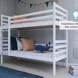 Hochbett 90x200 cm mit 2 Matratzen (optional) und 2 Schubladen (optional) Etagenbett mit Rausfallschutz und Lattenrost, umbaubar in zwei Kinderbetten, aus Vollholz massiv in weiß, Funktionsbett