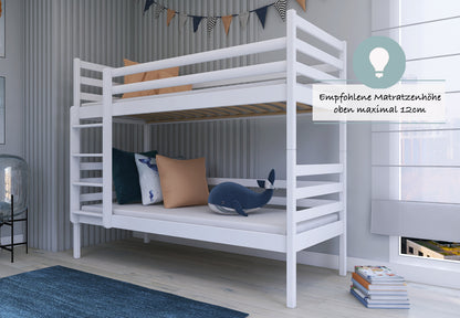 Lit mezzanine 90x200 cm avec 2 matelas (en option) et 2 tiroirs (en option) Lit superposé avec protection antichute et sommier à lattes, transformable en deux lits enfant, en bois massif blanc, lit fonctionnel