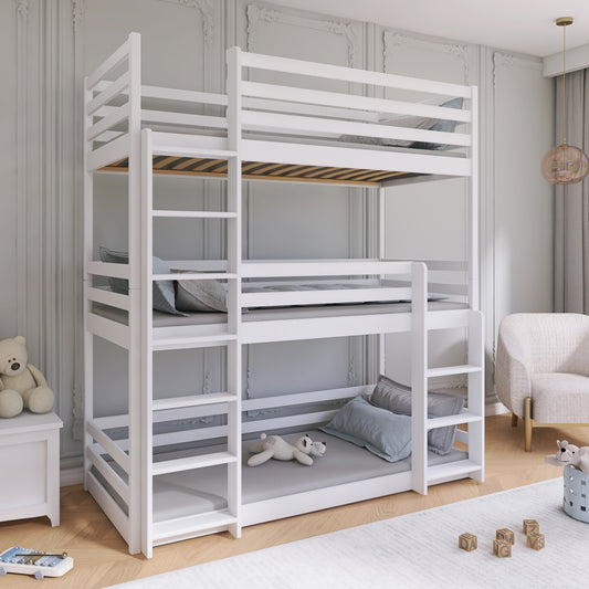 Lit mezzanine 90x200 lit superposé triple pour adultes et enfants avec trois matelas (en option), lit superposé pour trois personnes avec 3x sommiers à lattes, protection antichute, bois massif blanc