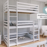 Hochbett 90x200 Dreier-Etagenbett für Erwachsene & Kinder mit drei Matratzen (optional), Stockbett drei Personen mit 3x Lattenrost, Rausfallschutz, Vollholz massiv in weiss