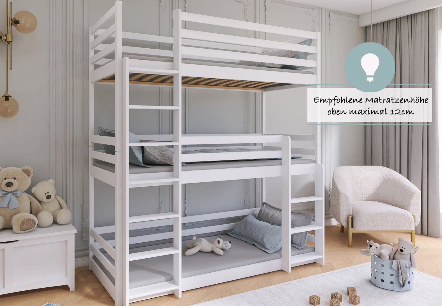 Lit mezzanine 90x200 lit superposé triple pour adultes et enfants avec trois matelas (en option), lit superposé pour trois personnes avec 3x sommiers à lattes, protection antichute, bois massif blanc