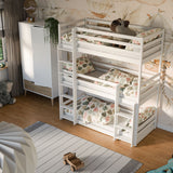 B-Ware Hochbett 90x200 Dreier-Etagenbett für Erwachsene & Kinder, Stockbett drei Personen mit 3x Lattenrost, Rausfallschutz, Vollholz massiv in weiss