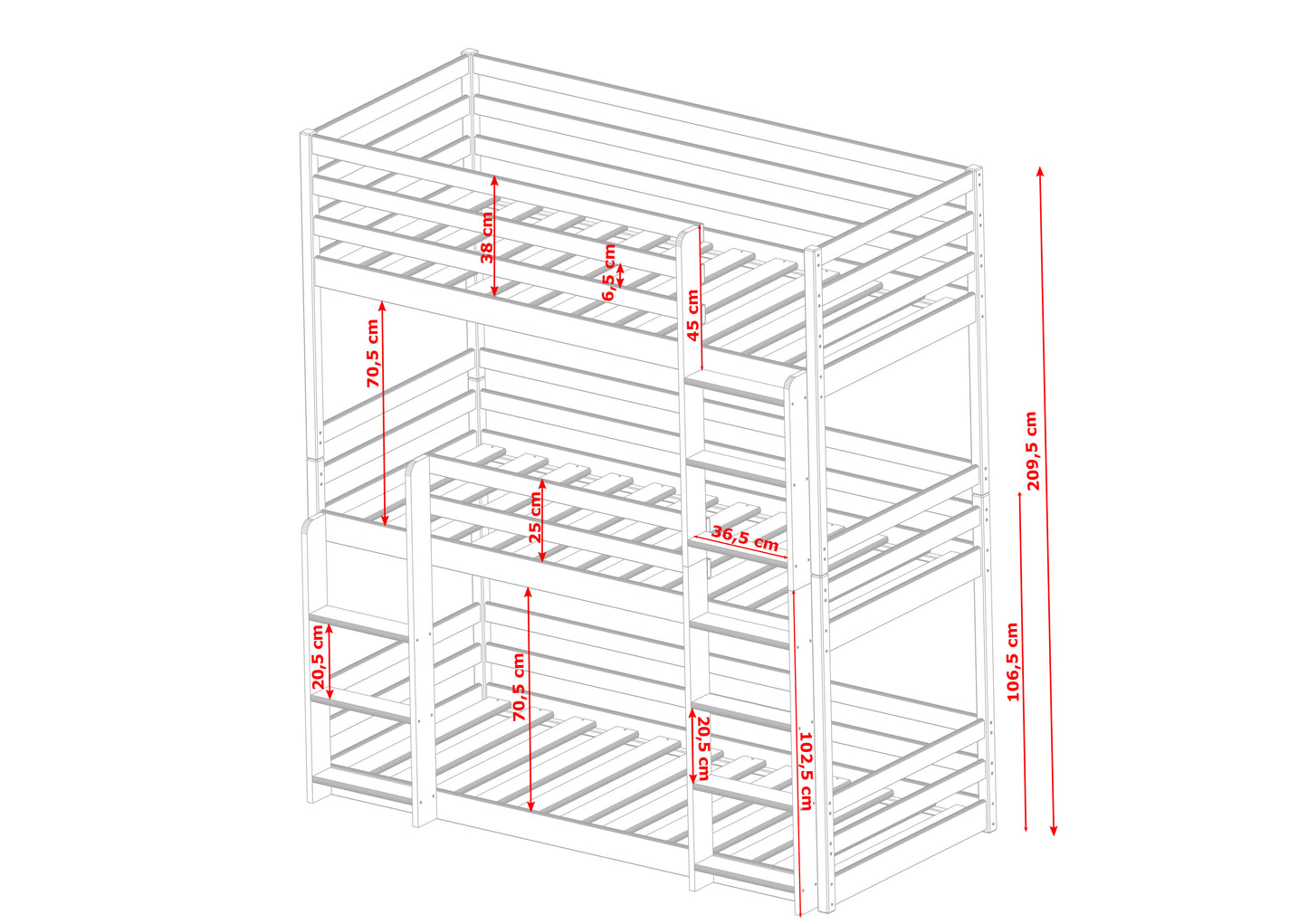 Lit mezzanine 90x200 lit superposé triple pour adultes et enfants avec trois matelas (en option), lit superposé pour trois personnes avec 3x sommiers à lattes, protection antichute, bois massif blanc