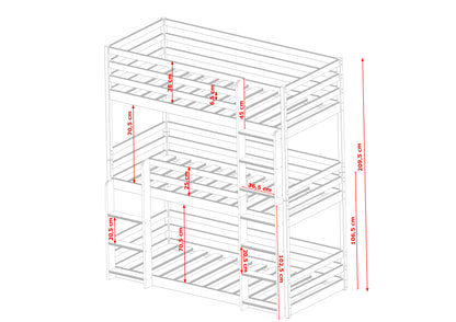 Lit mezzanine 90x200 lit superposé triple pour adultes et enfants avec trois matelas (en option), lit superposé pour trois personnes avec 3x sommiers à lattes, protection antichute, bois massif blanc