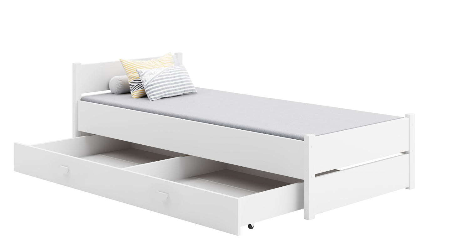 Lit d'appoint lit 90x200 cm avec matelas (en option), tiroir &amp; sommier à lattes en bois MDF blanc 200 x 90