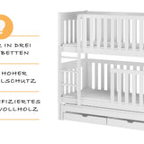 B-WARE: Hochbett 80x180 / 90x200 cm mit Ausziehbett, zwei Schubladen, extra hoher Rausfallschutz, umbaubar in 3 Einzelbetten, weiss