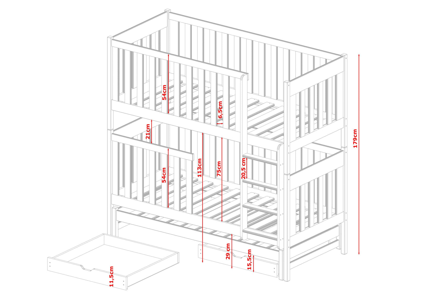 B-STOCK : Lit mezzanine 80x180 / 90x200 cm avec lit gigogne, deux tiroirs, protection antichute extra haute, transformable en 3 lits simples, blanc