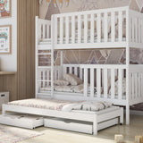 Hochbett 80x180 | 90x200 cm mit Ausziehbett Etagenbett mit Ausziehfunktion, zwei Schubladen, Lattenrost, extra hoher Rausfallschutz, umbaubar in 3 Einzelbetten, Vollholz massiv in weiss